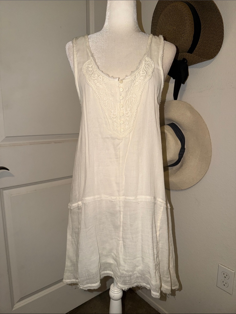 Preowned Denim & Supply Ralph Lauren Lace Trim Cotton Slip Dress - Off White